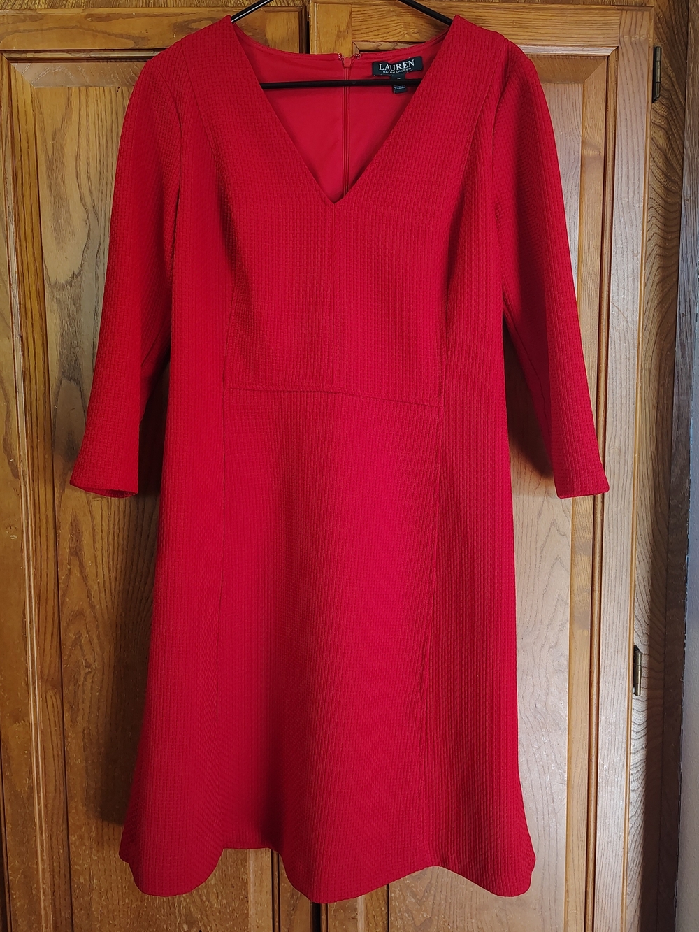 Lauren Ralph Lauren Red Waffle Textured VNeck 3/4 Sleeve Fit & Flare Dress Sz 10
